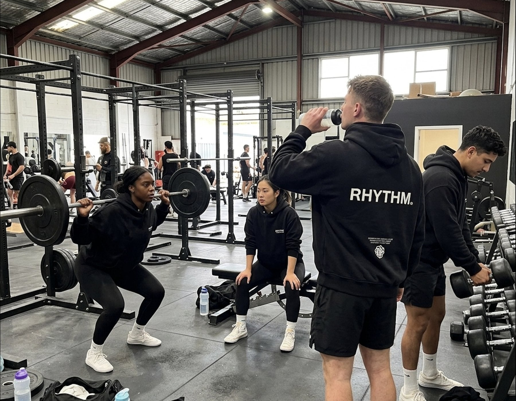 Athletes squatting in the gym wearing Rhythm hoodies