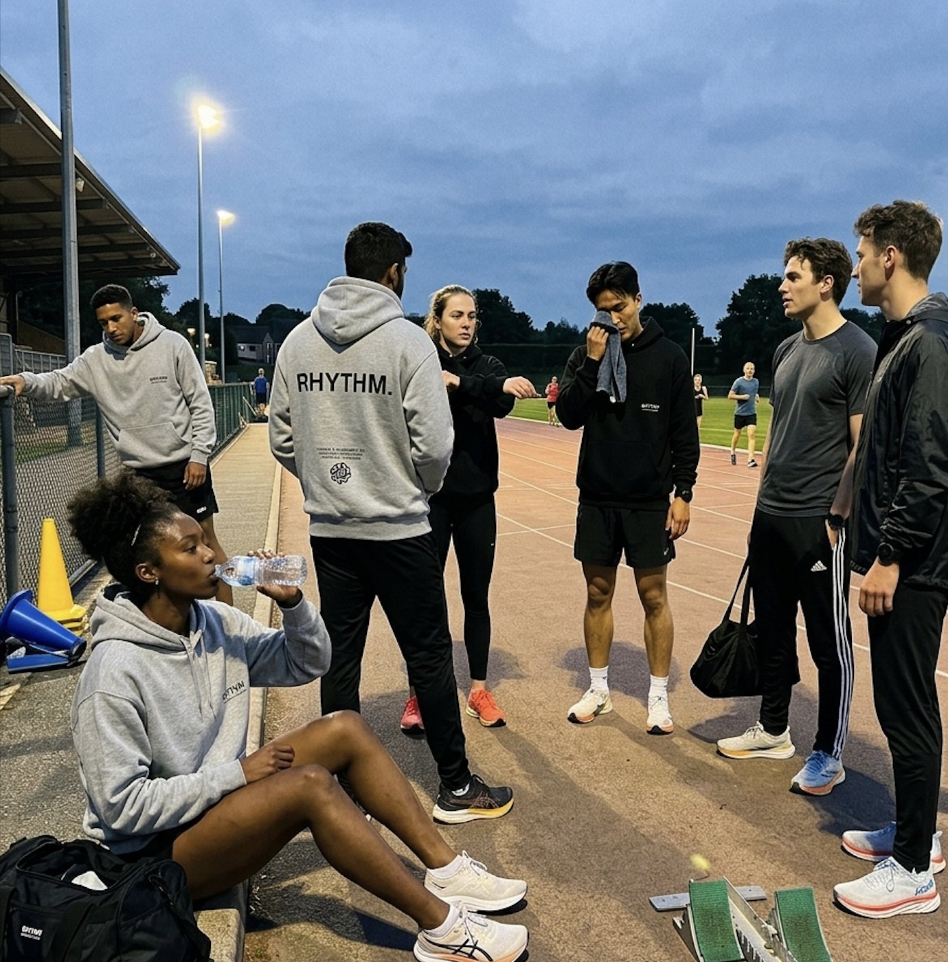 Track athletes gathered at dusk wearing Rhythm hoodies