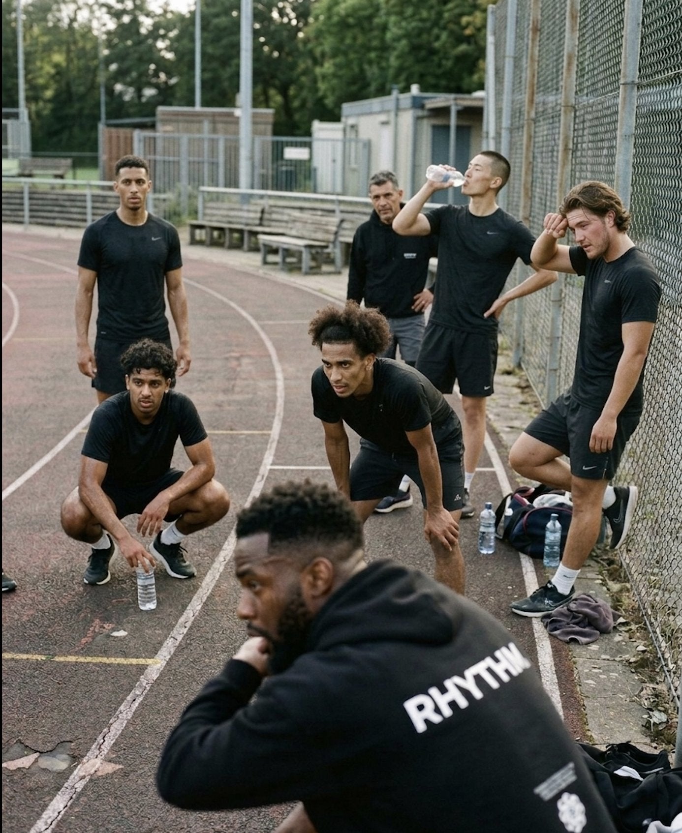 Track team resting trackside in Rhythm hoodies